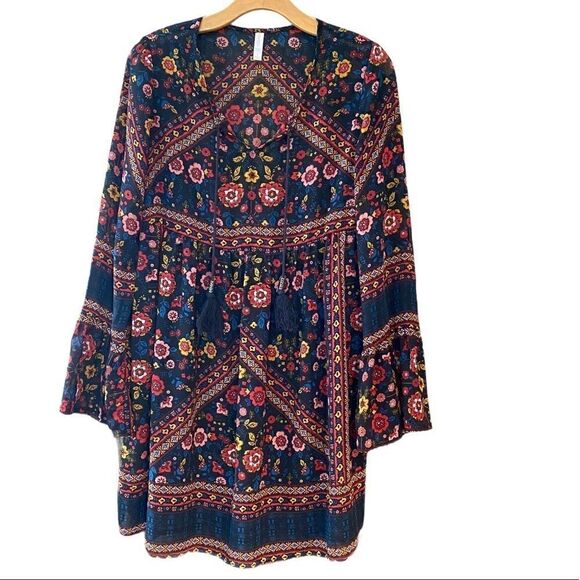 Xhilaration S Black Yellow Blue Gypsy BOHO Wildflowers Oversized Sheer Dress - Picture 1 of 9